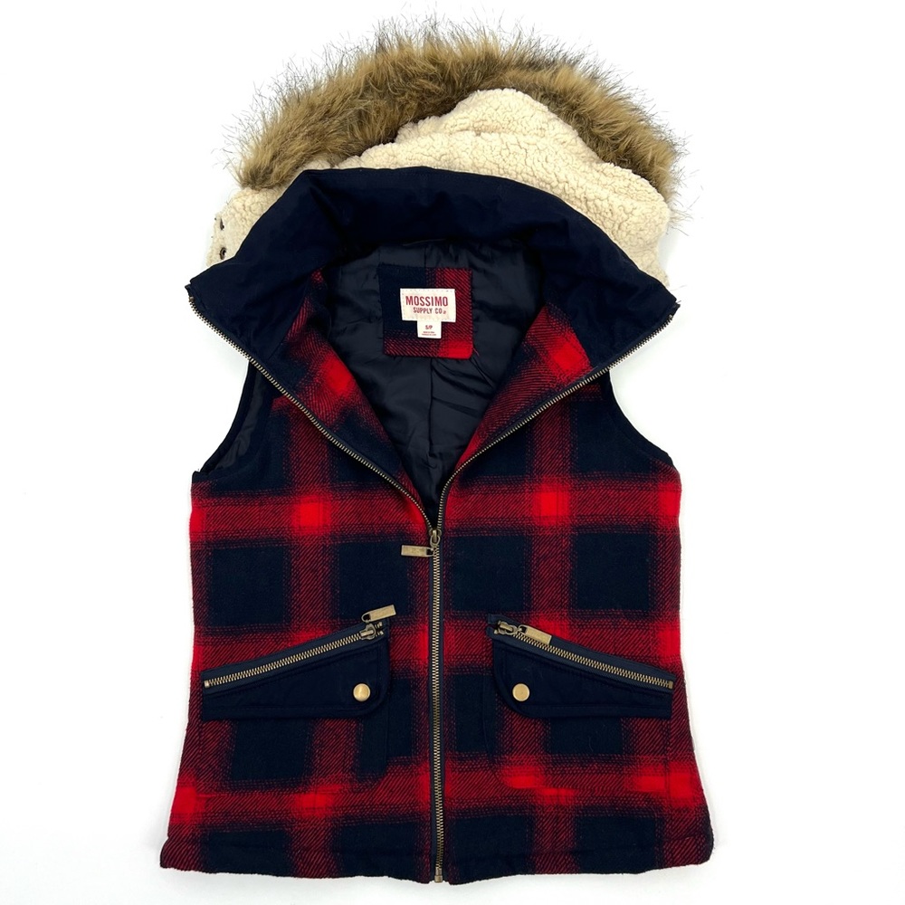 Mossimo Navy Burgundy Plaid Sherpa Faux Fur Fall Vest Size Small Zippered Hood